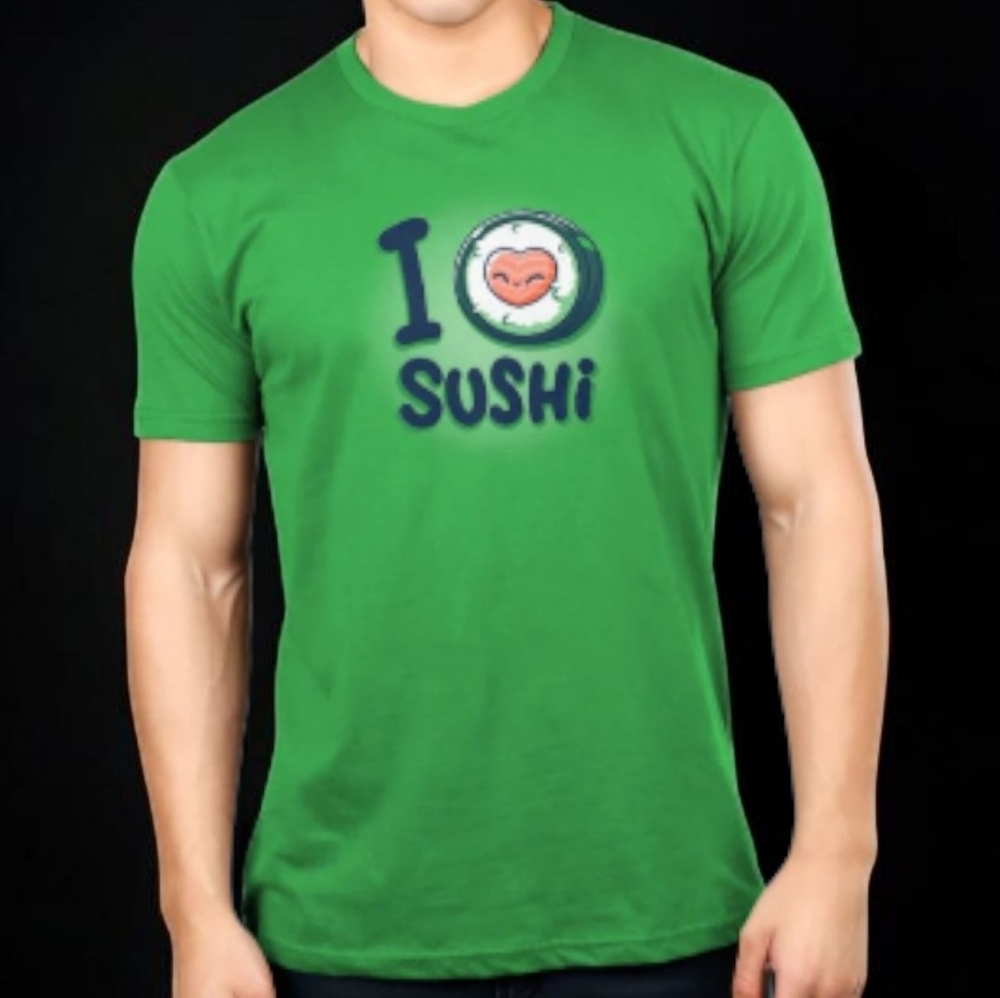 New Tee Turtle Green I Love Sushi Graphic Adult T-Shirt